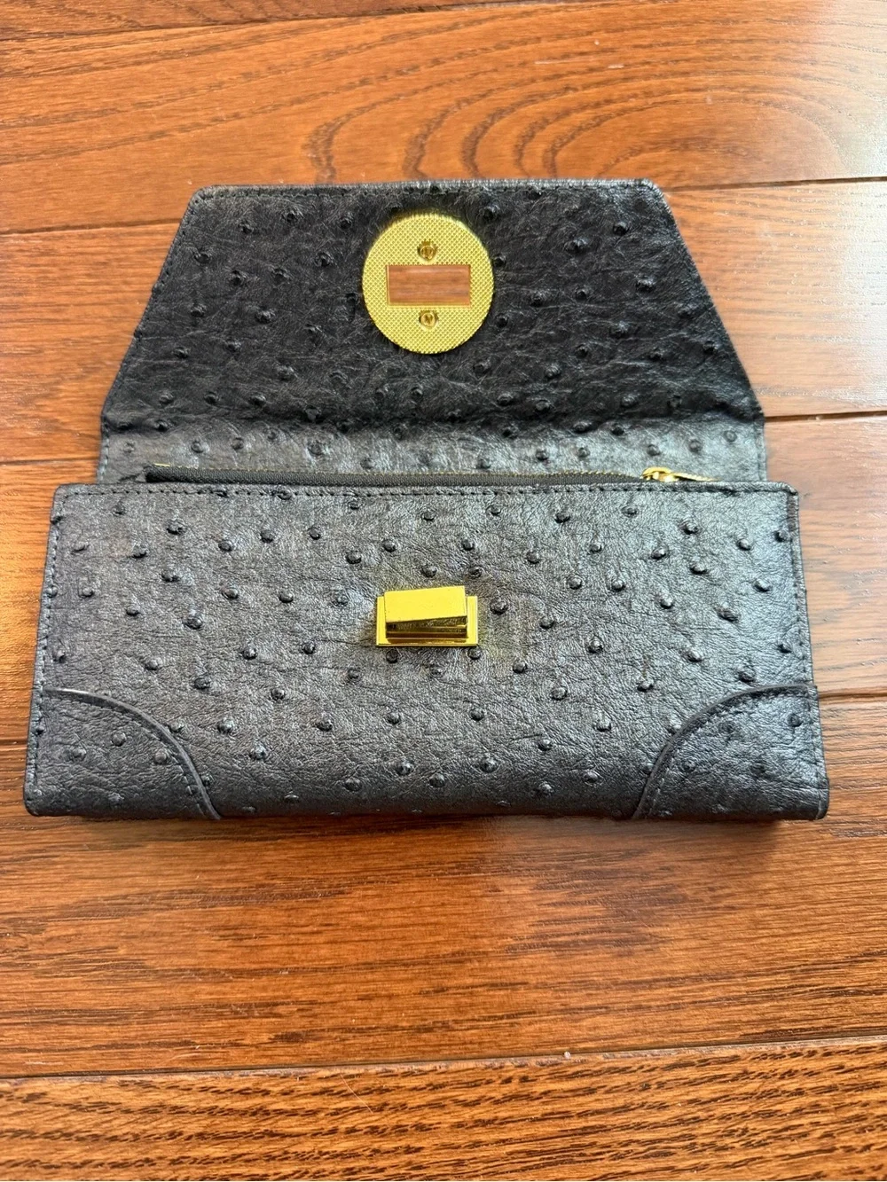 Dark Gray / Black Ostrich-Textured Envelope Wallet or Clutch w/ Gold Turn-Lock.